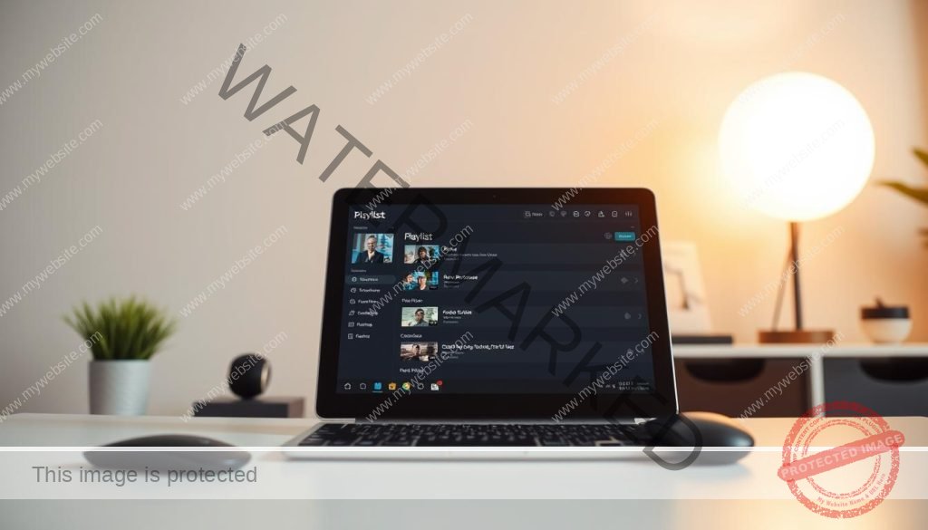 A clean, well-lit workspace with a minimalist desktop setup. In the foreground, a sleek tablet or laptop display shows a customizable playlist interface, with intuitive controls and a dynamic visualization of the content. The middle ground features a wireless keyboard and mouse, conveying the seamless interaction between the user and the device. In the background, a neutral, uncluttered wall creates a sense of focus and professionalism. Warm, diffused lighting from a window or overhead fixture casts a soft glow, creating a pleasant, productive atmosphere. The overall scene reflects the user-friendly and efficient experience of managing personalized IPTV playlists.