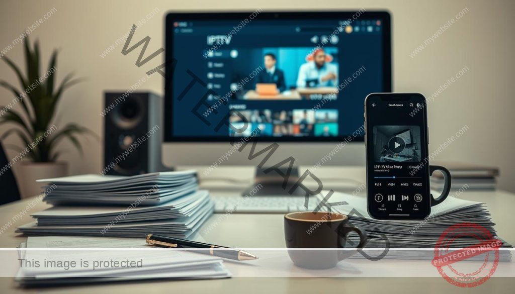 A clean, well-organized workspace with a desktop computer, various IPTV-related documents, and a smartphone displaying a media player interface. The foreground features neatly arranged stacks of papers, a pen, and a cup of coffee, suggesting a methodical approach to IPTV content management. The middle ground showcases the desktop computer screen, showcasing a media player application with a clear user interface. The background depicts a minimalist, neutral-toned office setting, providing a calming and professional atmosphere. Soft, diffused lighting illuminates the scene, creating a sense of focus and attention to detail. The overall composition conveys a sense of control, efficiency, and a deep understanding of IPTV organization and management.