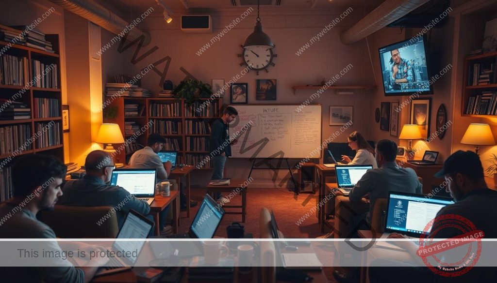 A cozy community workspace, bathed in warm, soft lighting. In the foreground, a group of people collaboratively troubleshooting technical issues on their laptops, their faces lit by the glow of the screens. In the middle ground, a whiteboard covered in notes and diagrams, surrounded by comfortable seating areas where others converse and brainstorm solutions. The background features bookshelves filled with technical manuals and reference materials, as well as a large screen displaying a live stream, symbolizing the online community support. The overall atmosphere is one of camaraderie, problem-solving, and a shared passion for the subject matter.