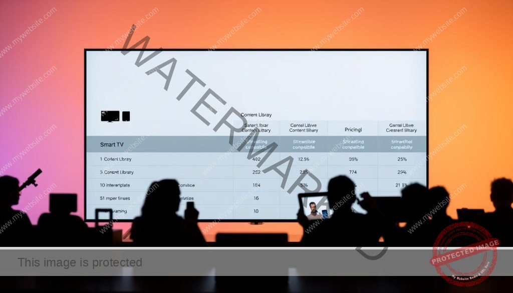 A detailed comparative analysis of popular streaming service providers in Portugal, showcased in a sleek, minimalist design. The foreground features silhouettes of various device icons (smart TV, smartphone, tablet) arranged in a visually striking grid layout. The middle ground displays clean, typography-driven information panels comparing key metrics like content library, pricing, and device compatibility across the top streaming options. The background is a softly blurred, neutral tone that keeps the focus on the data visualization. Warm, balanced lighting creates a professional, authoritative atmosphere suitable for an informative article section.