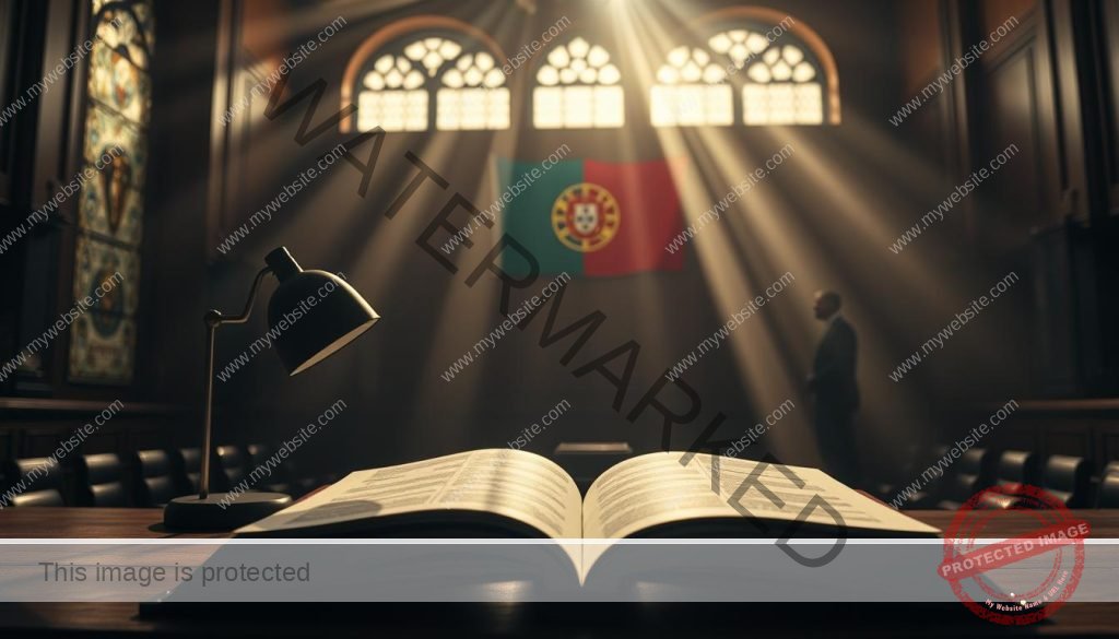 A dimly lit courtroom interior, with the Portuguese national flag prominently displayed on the wall. In the foreground, an open law book rests on a wooden table, its pages illuminated by a single desk lamp. Rays of sunlight stream through the stained-glass windows, casting a warm, contemplative glow. In the background, a silhouetted figure of a judge or legislator stands, deep in thought. The scene conveys a sense of gravity and the weight of legal decisions, reflecting the complexities of streaming regulations in Portugal.