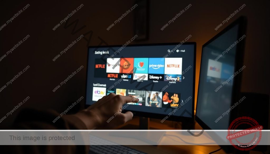A dimly lit room, the warm glow of a computer screen casting a soft light across a desk. On the screen, an array of legal streaming service icons, including Netflix, Amazon Prime Video, and Disney+, arranged in a clean, organized layout. The user's hand hovers over the mouse, about to click on the "access legal channels" button, their face illuminated by the screen's gentle radiance. The room is sparsely decorated, with a sense of focused intention, suggesting the user's dedication to finding legal and ethical ways to consume media. The atmosphere is one of thoughtfulness and responsibility, with a touch of technological sophistication.