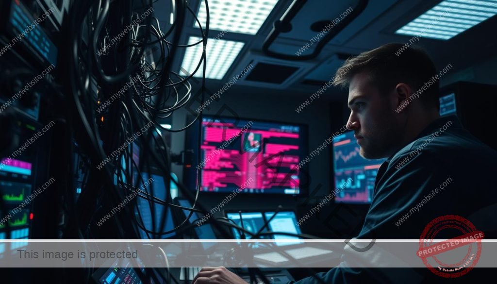 A dimly lit technical control room, with various digital displays and control panels illuminating the space. In the foreground, intricate cables and wires intertwine, representing the complex infrastructure of digital transmission. The mid-ground features a technician intently focused on monitoring and troubleshooting the system, their expression conveying the challenges of maintaining optimal performance. In the background, a large screen displays a visualization of data flow, hinting at the real-time dynamics and potential bottlenecks within the digital network. The scene evokes a sense of technical complexity, the pursuit of quality, and the ongoing efforts to overcome the obstacles inherent in digital service delivery.