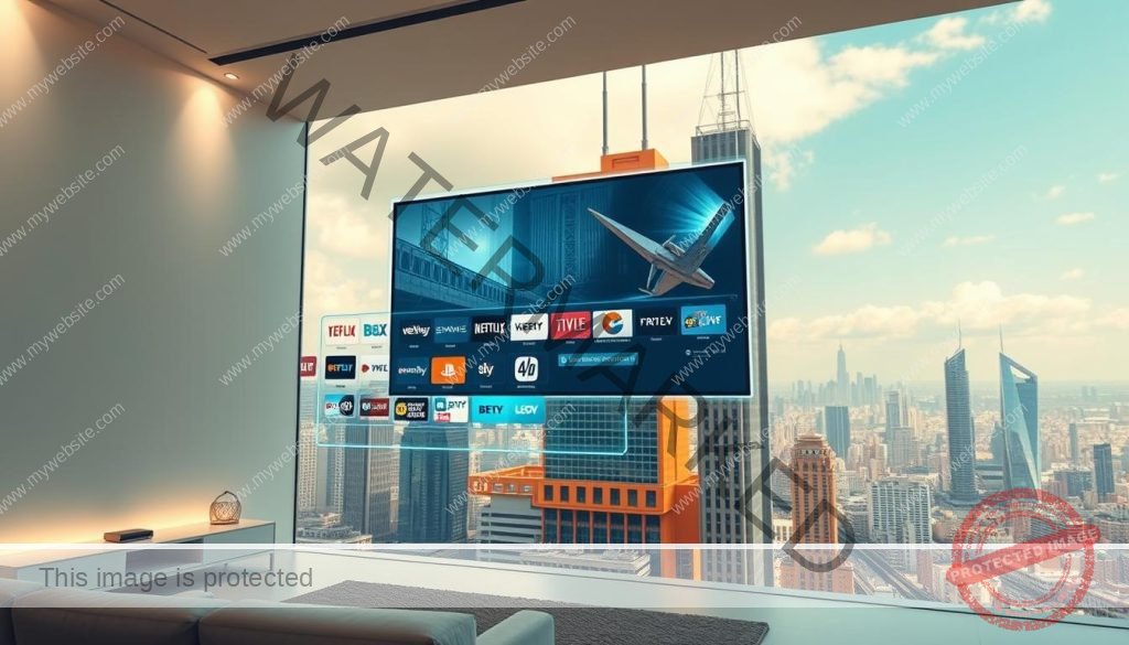 A futuristic cityscape depicting the differences between traditional television and modern streaming services. In the foreground, a sleek, minimalist living room with a floating holographic display showcasing various streaming platforms. The middle ground features a towering skyscraper with a giant retro-style television screen on its facade, representing the legacy of traditional broadcasting. The background is a sprawling metropolis with a blend of old and new architecture, symbolizing the evolution of media consumption. The scene is illuminated by a warm, ambient lighting that creates a sense of technological progress and modernity. The overall composition conveys the transition from traditional television to the dynamic, on-demand world of streaming.