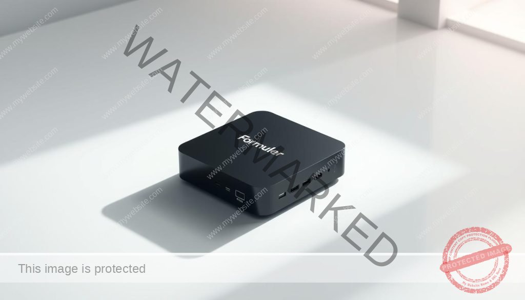 A high-quality, 3D render of a Formuler Z10 IPTV Android box in a sleek, modern design. The box is positioned on a minimalist, white surface with subtle shadows and ambient lighting, creating a clean and professional look. The front panel features the Formuler logo prominently displayed, while the sides showcase the various ports and connections. The overall composition highlights the technical capabilities and premium quality of the device, making it an appealing choice for the IPTV 4K market.