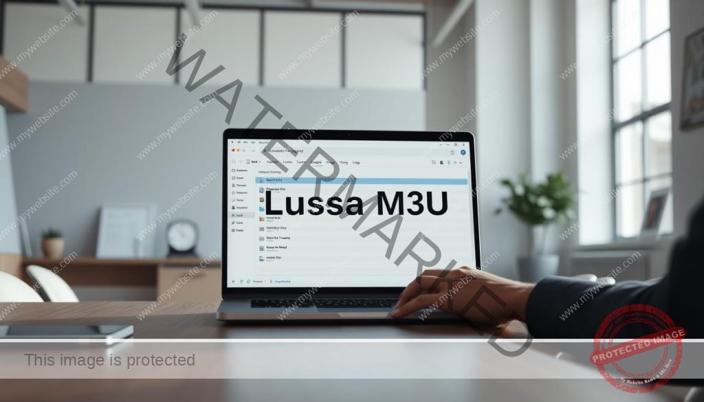 A high-quality, beautifully lit, 3D-rendered scene of a laptop computer screen displaying a file manager window with the text "Upload Lista M3U" prominently displayed. The scene is set in a modern, minimalist office space with clean lines, muted colors, and ample natural lighting streaming in through large windows. The laptop is positioned on a sleek, wooden desk, with a subtle hint of a user's hands operating the device. The overall mood is one of productivity, efficiency, and a focus on the task at hand.