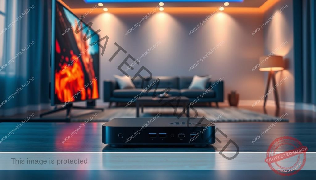 A high-quality streaming experience with a sleek, modern interface. In the foreground, a 4K UHD display showcases vibrant, crystal-clear video with deep blacks and rich colors. In the middle ground, a state-of-the-art streaming device with multiple ports and wireless connectivity options. The background features a minimalist living room setting with subtle mood lighting, creating a cozy and immersive atmosphere. The overall scene conveys a sense of cutting-edge technology seamlessly integrated into a comfortable, premium home entertainment setup.