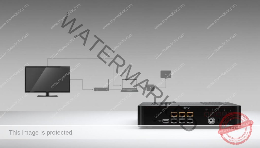 A minimalist, technical diagram showcasing the IPTV Extreme Pro system configuration. In the foreground, a sleek hardware unit with various input/output ports and connections. In the middle ground, a schematic arrangement of essential system components - a TV, streaming device, internet router, and user device. The background features a subtle grid pattern, suggesting the digital network infrastructure. The lighting is clean and evenly distributed, emphasizing the professional, instructional nature of the illustration. The overall composition conveys a sense of balance, efficiency, and ease of setup for the IPTV Extreme Pro system.