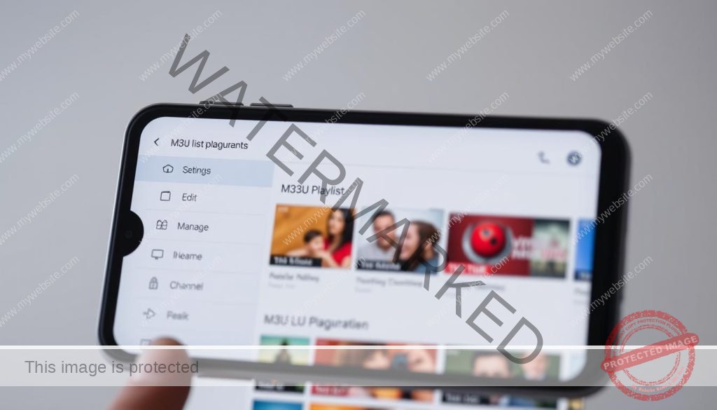 A mobile device screen displaying a clean and minimalist user interface for an IPTV M3U list configuration. The foreground shows a simple, intuitive settings menu with options for adding, editing, and managing M3U playlists. The middle ground features a preview of the playlist content, with crisp, high-definition channel thumbnails. The background is a blurred, neutral gradient that creates a sense of depth and focus on the central configuration elements. The lighting is soft and diffused, creating a calm, professional atmosphere. The camera angle is slightly angled, giving the impression of an interactive, user-centric design.