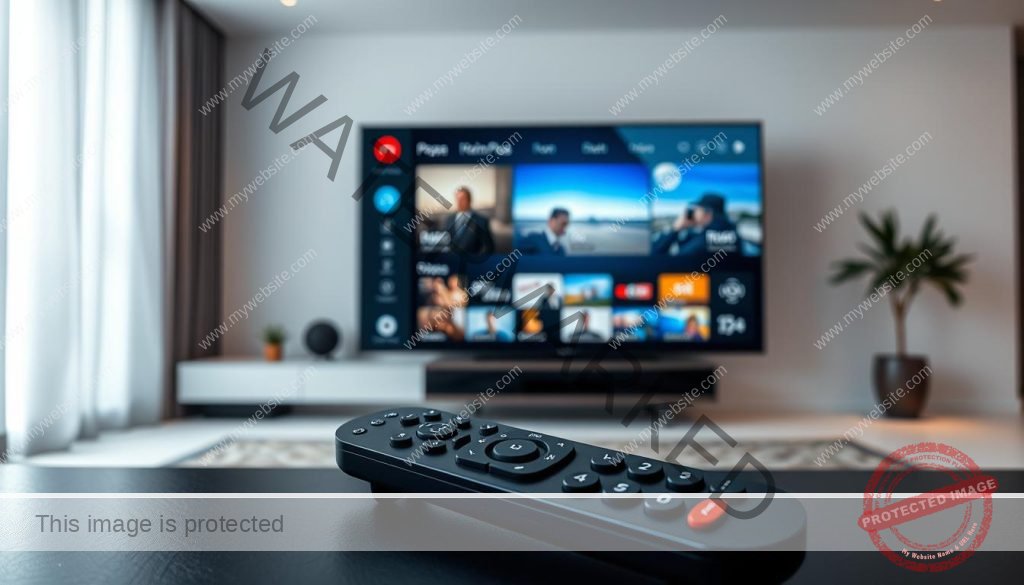 A modern IPTV system with a sleek black interface, displaying a grid of streaming channels and services. In the foreground, a remote control with intuitive buttons for navigating the menus. The middle ground features a high-definition television screen, showcasing vibrant, lifelike images from a variety of IPTV content. The background depicts a minimalist, tech-savvy living room setting, with subtle lighting and clean lines, emphasizing the seamless integration of IPTV technology into the home environment. The overall atmosphere conveys a sense of convenience, accessibility, and the future of home entertainment.