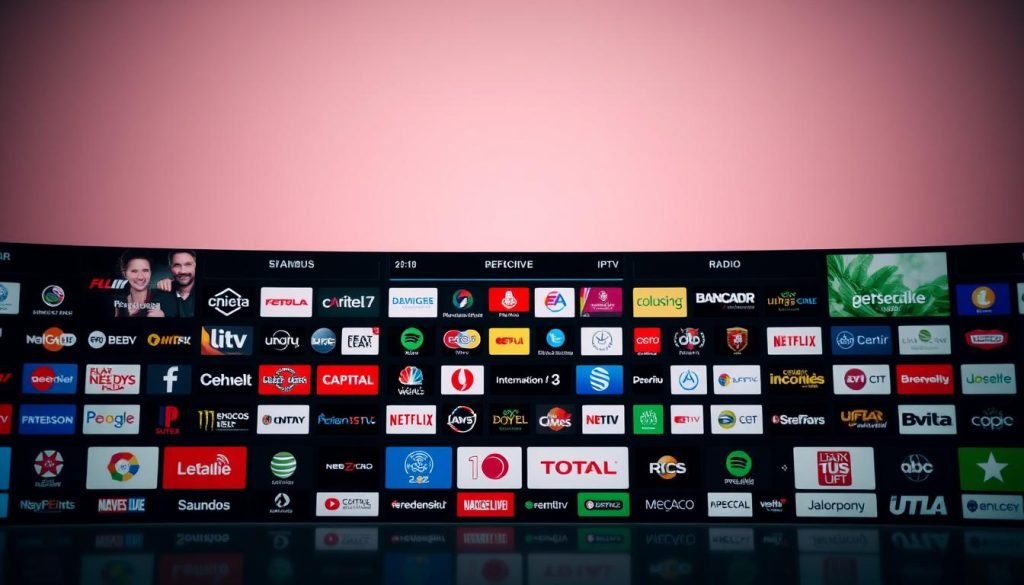 A modern digital media hub displaying a diverse array of IPTV channel and radio station logos against a clean, minimalist backdrop. The foreground features prominent branding and icons for various international and Portuguese media sources, neatly organized into intuitive categories. The middle ground showcases a selection of popular national and global channels, while the background gently fades into a soft, gradient color scheme evocative of a digital interface. Subtle lighting and a shallow depth of field create a visually striking, yet practical composition to illustrate the breadth of options available in Portuguese IPTV listings.