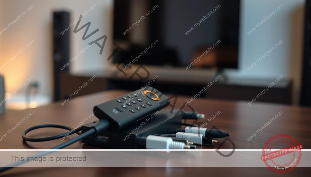 A modern home entertainment setup with a sleek Amazon FireStick remote control prominently displayed on a dark wood table. The FireStick sits atop a neat arrangement of various cables and connectors, suggesting a well-organized media configuration. Soft, warm lighting illuminates the scene, creating a cozy, inviting atmosphere. The background is slightly blurred, keeping the focus on the centralized FireStick and its accompanying components. The overall image conveys a sense of technological sophistication and user-friendly home entertainment.