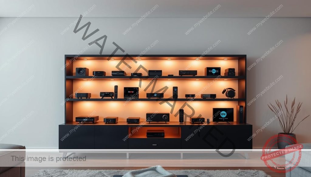 A modern living room with a sleek entertainment center, featuring a variety of streaming device icons arranged neatly on the shelves. The devices are displayed in a well-lit, minimalist setting, with soft, warm lighting illuminating the scene. The arrangement highlights the compatibility and interoperability of the devices, creating a harmonious and streamlined visual representation of the "instalação e compatibilidade" (installation and compatibility) concept. The room's neutral color palette and clean lines provide a sophisticated and professional backdrop, emphasizing the technical nature of the subject matter.
