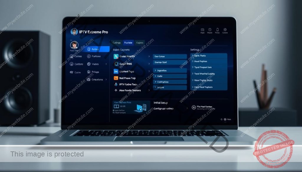 A modern, sleek-looking IPTV interface displayed on a laptop or desktop computer screen. The foreground shows the main dashboard or home screen of the IPTV Extreme Pro application, with intuitive menu options, content thumbnails, and clear visual hierarchy. The middle ground depicts various settings and configuration options, highlighting the initial setup process. The background subtly suggests a minimalist, high-tech environment, with subtle lighting and blurred technological elements. The overall mood is one of professionalism, simplicity, and ease of use, reflecting the purpose of the IPTV Extreme Pro software.