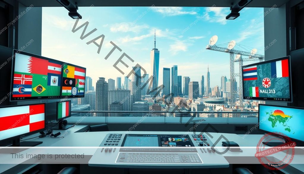 A panoramic view of international broadcast channels, with a crisp, modern design. In the foreground, sleek television screens display diverse national flags, symbolizing the global reach of these networks. The middle ground features a clean, minimalist control panel, with intuitive touch interfaces and monitoring displays. In the background, a cityscape of towering skyscrapers and satellite dishes hints at the technological infrastructure supporting these international transmissions. The lighting is soft and even, creating a sense of professionalism and authority. The overall atmosphere conveys the seamless integration of international media, catering to a cosmopolitan audience.