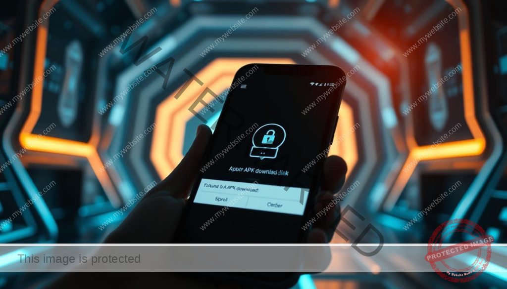 A secure APK download process against a backdrop of a modern, sleek tech environment. In the foreground, a smartphone screen displays the download progress, with a focus on the file transfer and verification steps. The middle ground features a clean, minimalist interface with subtle UI elements like buttons and icons, conveying a sense of simplicity and user-friendliness. The background showcases a dimly lit, futuristic setting with geometric shapes and digital patterns, creating an atmosphere of advanced technology and digital security. Dramatic lighting from the side, with a soft glow, adds depth and emphasis to the scene. The overall composition should evoke a sense of trust, safety, and technological sophistication.