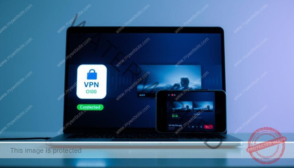 A secure and private VPN connection streaming video content, showcased in a sleek and modern interface. The foreground displays a laptop screen with a VPN client app, featuring a prominent "VPN" icon and a green "connected" status indicator. The middle ground depicts a mobile device mirroring the laptop screen, highlighting the seamless cross-device experience. The background subtly conveys a sense of online security, with a subtle grid or polygon pattern evoking a digital, encrypted network. The overall scene has a cool, minimalist aesthetic with soft lighting and muted tones, emphasizing the reliable and trustworthy nature of the VPN streaming setup.