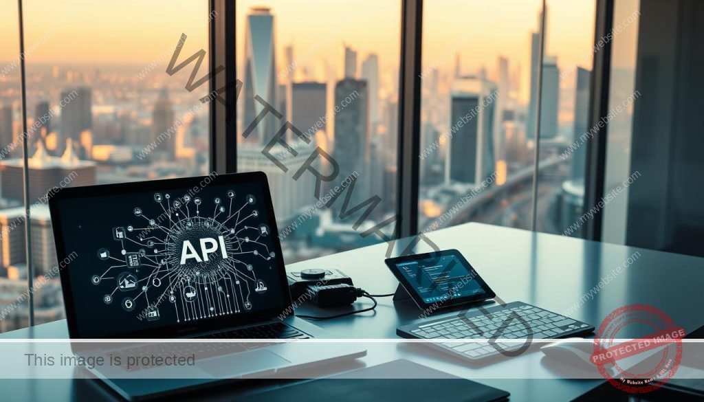 A serene, modern workspace with a sleek, glass-paneled office overlooking a bustling city skyline. In the foreground, a laptop displays a complex web of API connections, representing the integration of various streaming services. The middle ground features a minimalist desk with a keyboard, mouse, and a tablet showcasing visualization of real-time data streams. The background is bathed in warm, natural lighting, casting a sense of productivity and innovation. The overall atmosphere evokes a harmonious blend of technology, efficiency, and the seamless integration of diverse digital platforms.
