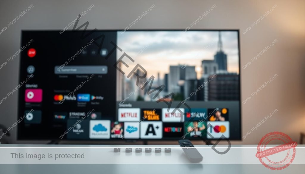 A sleek and modern TV interface with a personalized streaming experience. In the foreground, a user-friendly dashboard showcases a variety of customizable streaming options, with intuitive controls and a clean, minimalist design. The middle ground features a selection of popular streaming services, each with their own distinct branding and visual identity. In the background, a blurred cityscape or nature scene sets a serene and sophisticated tone, evoking a sense of high-end, tailored entertainment. The lighting is soft and diffused, creating a warm and inviting atmosphere. The camera angle is slightly elevated, providing a comprehensive view of the personalized streaming experience.
