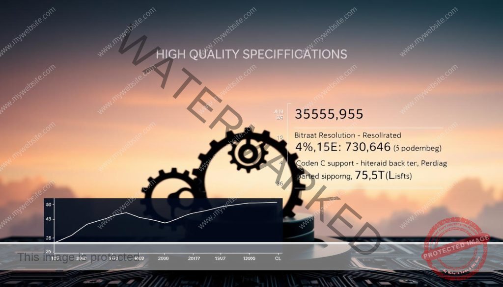 A sleek, modern data visualization showcasing the technical specifications for a high-quality streaming service. In the foreground, a stylized graph or chart presents key metrics like bitrate, resolution, and codec support. The middle ground features interlocking gears and circuit board patterns, hinting at the complex backend infrastructure. In the background, a soft, gradient-filled sky creates a sense of depth and sophistication. Dramatic studio lighting casts dramatic shadows, heightening the technical aesthetic. The overall composition conveys a balance of analytical precision and cutting-edge technological prowess.