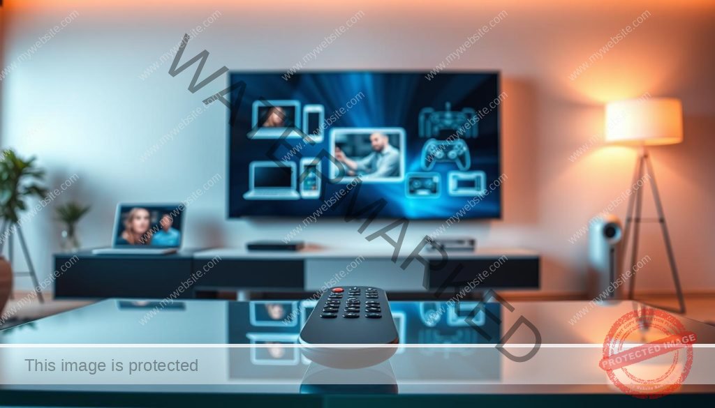 A sleek, modern living room with a large, wall-mounted TV displaying a variety of connected devices - a laptop, a smartphone, a tablet, and a game console. The room is bathed in warm, soft lighting, creating a cozy and inviting atmosphere. The devices are seamlessly integrated, showcasing the ease of cross-platform media consumption. In the foreground, a user-friendly remote control sits on a minimalist, glass-topped coffee table, highlighting the intuitive interface for controlling the integrated system. The overall scene conveys a sense of technological harmony and effortless user experience.