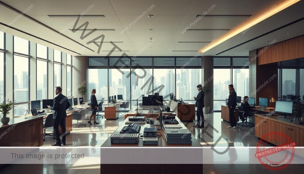 A sophisticated commercial workspace with specialized services. A modern, well-lit office interior with sleek, minimalist furniture and equipment. In the foreground, a receptionist desk and a few clients consulting with professional staff. In the middle ground, various workstations and meeting areas where employees collaborate. The background features floor-to-ceiling windows overlooking a bustling urban skyline, creating a sense of connection to the broader business landscape. Warm, neutral tones and clean lines convey an atmosphere of efficiency, expertise, and discretion.