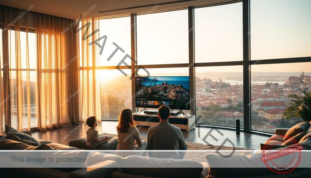 A sprawling modern living room with large windows overlooking a picturesque Portuguese cityscape. The room is bathed in warm, golden sunlight filtering through sheer curtains. In the foreground, a family gathers around a sleek, minimalist IPTV setup, engrossed in a captivating program. The television's screen displays vivid, high-definition imagery, reflecting the advanced capabilities of the IPTV service. Subtle visual cues, such as smart home devices and streamlined remote controls, hint at the convenience and technological integration of the IPTV system. The overall atmosphere conveys a sense of comfort, relaxation, and the seamless integration of modern entertainment into the home environment.