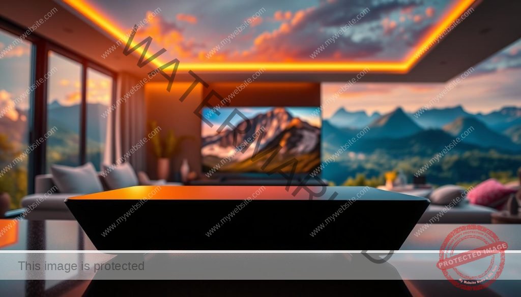 A stunning 4K UHD landscape, bathed in warm, natural lighting. In the foreground, a sleek, high-end media streaming device, its angular design and polished surface reflecting the vibrant colors of the scene. The middle ground features a cozy, modern living room, with a large, ultra-high-definition television displaying vibrant, crystal-clear imagery. In the background, a panoramic view of a lush, verdant environment, with towering mountains and a serene, azure sky. The overall atmosphere conveys a sense of immersive, cinematic visual experience, perfect for enjoying the ultimate in streaming entertainment.