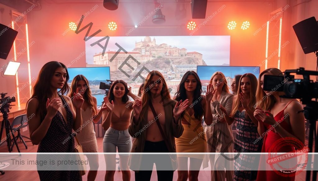 A vibrant and dynamic scene of models streaming live from Portugal, captured with a cinematic wide-angle lens. In the foreground, a group of stylishly dressed models gesticulate and engage with their online audience, their faces lit by the warm glow of professional studio lighting. The middle ground features a sleek, modern studio setup, complete with production equipment and a backdrop that showcases the iconic Portuguese architecture and landscapes. The background is hazy and atmospheric, creating a sense of depth and emphasizing the global reach of the streaming event. The overall mood is one of energy, creativity, and the fusion of technology and fashion, perfectly suited to showcase the best IPTV models for the discerning buyer.