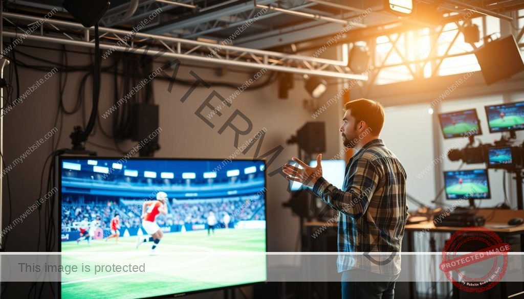 A vibrant and dynamic scene of sports broadcasting in a streaming environment. In the foreground, a large screen displays a live sports event, the athletes in sharp focus as they compete. The middle ground features a modern, minimalist television studio setup with a presenter in a casual but professional attire, gesturing animatedly as they provide commentary. The background is a softly blurred array of technology, cables, and monitors, conveying the high-tech nature of the streaming platform. Warm, natural lighting illuminates the scene, creating a sense of energy and excitement. The overall atmosphere is one of cutting-edge technology seamlessly blending with the thrill of live sports entertainment.