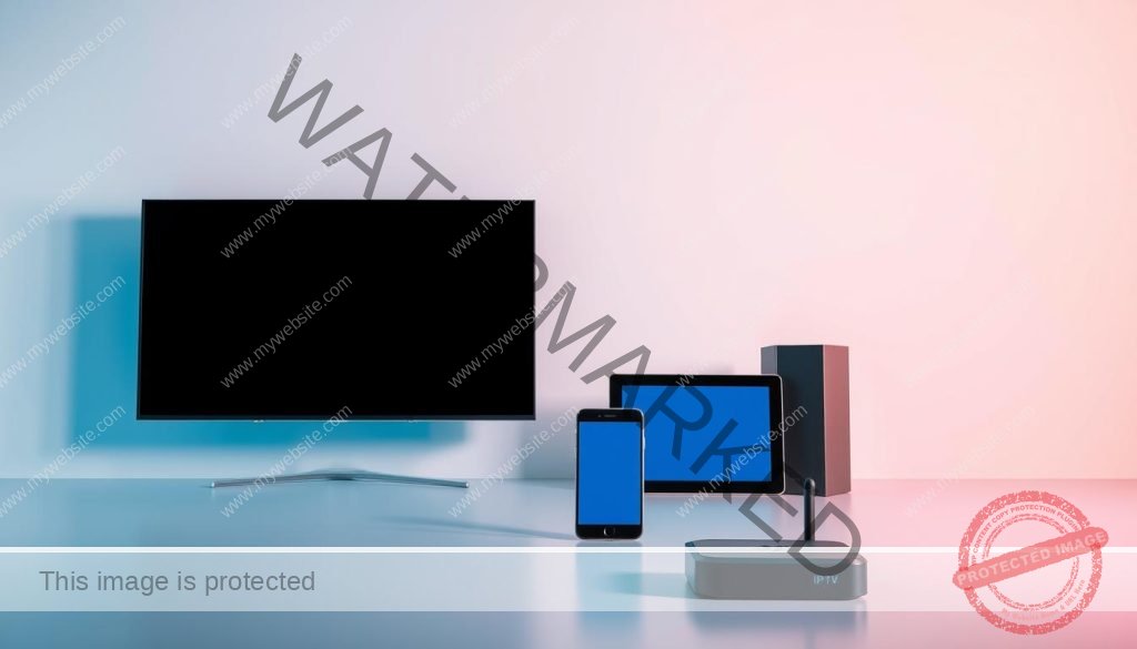 A visually appealing, high-resolution image showcasing an array of modern digital devices supported by a high-quality IPTV service. The foreground features a sleek, minimalist composition with a smart TV, smartphone, tablet, and streaming box neatly arranged against a plain, light-colored background. The middle ground includes subtle shadows and reflections, creating depth and a sense of physicality. The background has a soft, blurred gradient that subtly suggests a technologically advanced, connected environment. The lighting is clean, directional, and highlights the devices' contours and details, conveying a premium, high-tech aesthetic. The overall mood is one of sophistication, accessibility, and seamless compatibility across a range of popular consumer electronics.