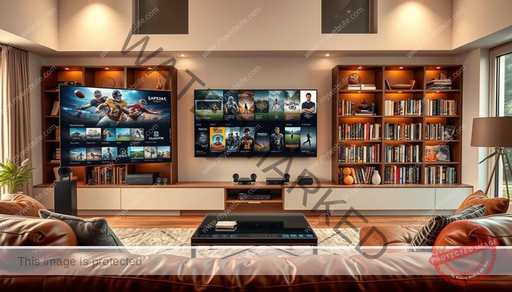 A visually captivating scene of a cozy home entertainment setup, centered around a high-definition television displaying a diverse array of sports channels and cinematic films. The foreground features a comfortable leather couch and a modern coffee table, with a sleek, minimalist entertainment system nearby. The middle ground showcases a well-organized media library, brimming with a variety of genres and titles. The background depicts a warm, inviting living space, with soft lighting, tasteful decor, and large windows that allow natural light to filter in, creating a serene and immersive ambiance. The overall composition conveys a sense of relaxation, entertainment, and a wide range of viewing options, perfectly suited for the "Canais, Filmes e Séries para Todo o Gosto" section of the article.