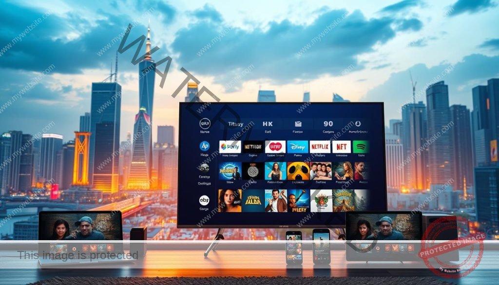 A visually engaging scene depicting the diversity of streaming content. In the foreground, a sleek, modern smart TV displays a curated selection of streaming app icons, each representing a different genre or platform. The middle ground features a variety of devices, from laptops and tablets to smartphones, all connected and showcasing a range of streaming media. The background depicts a vibrant cityscape, with towering skyscrapers and bustling streets, symbolizing the global reach and accessibility of streaming services. The lighting is warm and inviting, creating a sense of cozy entertainment and endless possibilities. The overall composition conveys the idea of a seamless, integrated streaming experience, catering to a wide range of content preferences and viewing habits.