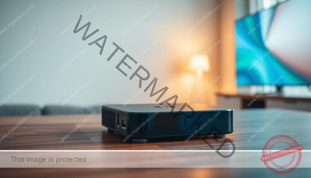A well-lit modern Android TV box on a wooden table, showcasing its sleek and minimalist design. The device is positioned in the foreground, with a clean and uncluttered background, allowing the product to be the main focus. The lighting is soft and diffused, creating a warm and inviting atmosphere. The camera angle is slightly elevated, providing a clear and detailed view of the Android TV box's top and front panel, highlighting its various ports and connections. The overall composition emphasizes the device's key features and technological capabilities, reflecting the subject of "configuração android tv box" and the section title "Como Configurar o GSE Smart IPTV em Android TV Box e Smart TVs".