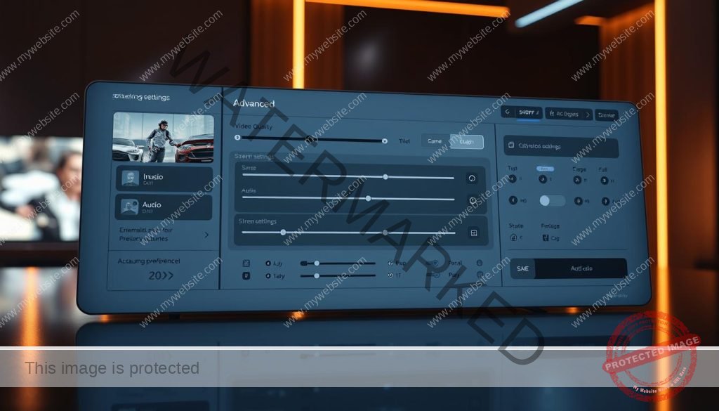 Advanced streaming settings, a sleek and modern user interface with customizable panels, sliders, and toggles. Warm lighting casts a subtle glow, highlighting the crisp lines and clean design. Sophisticated icons and intuitive controls allow for precise adjustments to video quality, audio settings, and streaming preferences. The layout is balanced and visually appealing, inviting the user to explore and fine-tune their streaming experience. Subtle reflections on the polished surface add depth and a sense of high-tech sophistication. An atmosphere of control and personalization pervades the scene, reflecting the power and flexibility of the advanced streaming configurations.