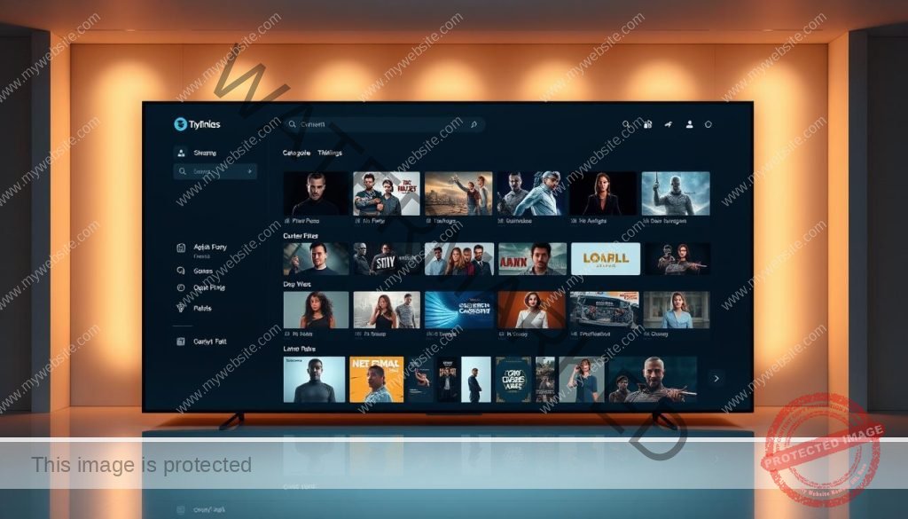 An intuitive streaming interface with a clean, modern design. A minimalist dashboard showcases content categories in a grid layout, with high-resolution previews and clear iconography. Soft lighting from above creates a warm, inviting atmosphere, while a sleek, glass-like surface reflects the crisp UI elements. The interface is highly responsive, with smooth transitions and subtle animations as the user navigates through various streaming options. Elegant typography and a muted color palette contribute to an overall experience that is both visually appealing and easy to use.