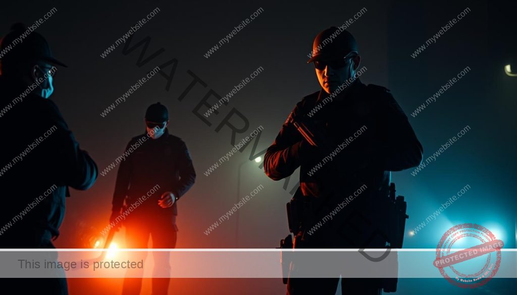 Combate a serviços ilegais de IPTV pirata em Portugal. Uma cena de ação no primeiro plano, com agentes da autoridade detendo um suspeito. No plano médio, uma equipe de investigação examina equipamentos apreendidos. No fundo, uma imponente fachada governamental, sugerindo a dimensão oficial da operação. A iluminação é dramática, com contrastes marcantes de luz e sombra. A câmera capta a tensão e seriedade do momento, em ângulos incisivos que transmitem a gravidade da situação.