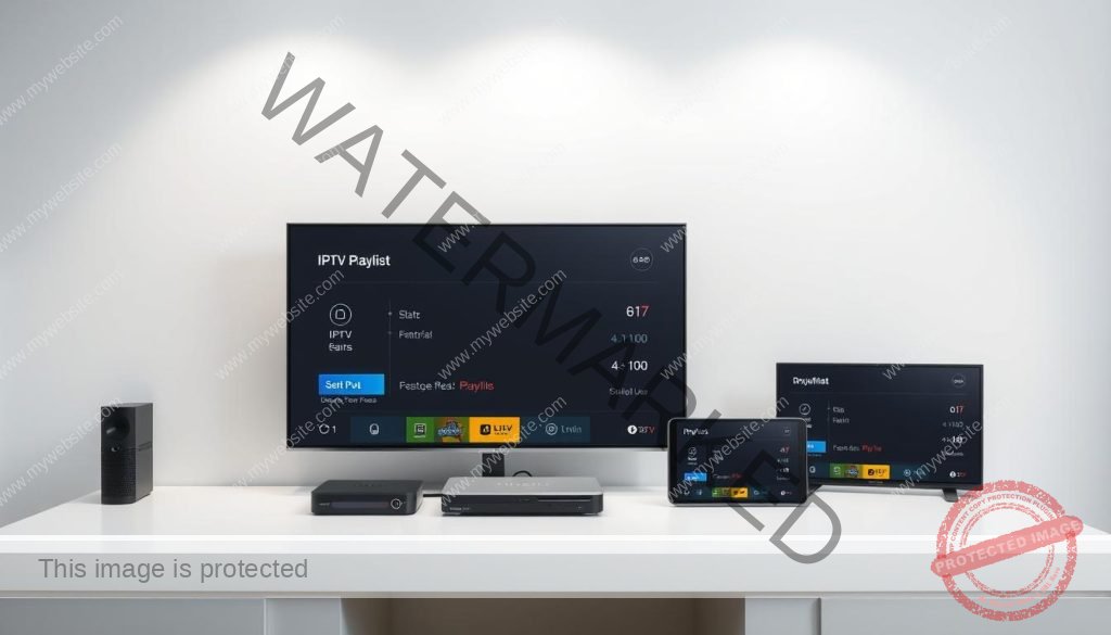 Configuration of IPTV playlist on various devices. A clean, minimalist display showing the process of setting up an IPTV service on a range of platforms, including smart TVs, set-top boxes, and mobile devices. Neutral tones, simple icons, and clear interface elements guide the viewer through the steps. Soft lighting, high-quality textures, and a sense of technical precision convey the professionalism and reliability of the IPTV solution. The overall mood is informative and functional, reflecting the practical needs of the article's audience.