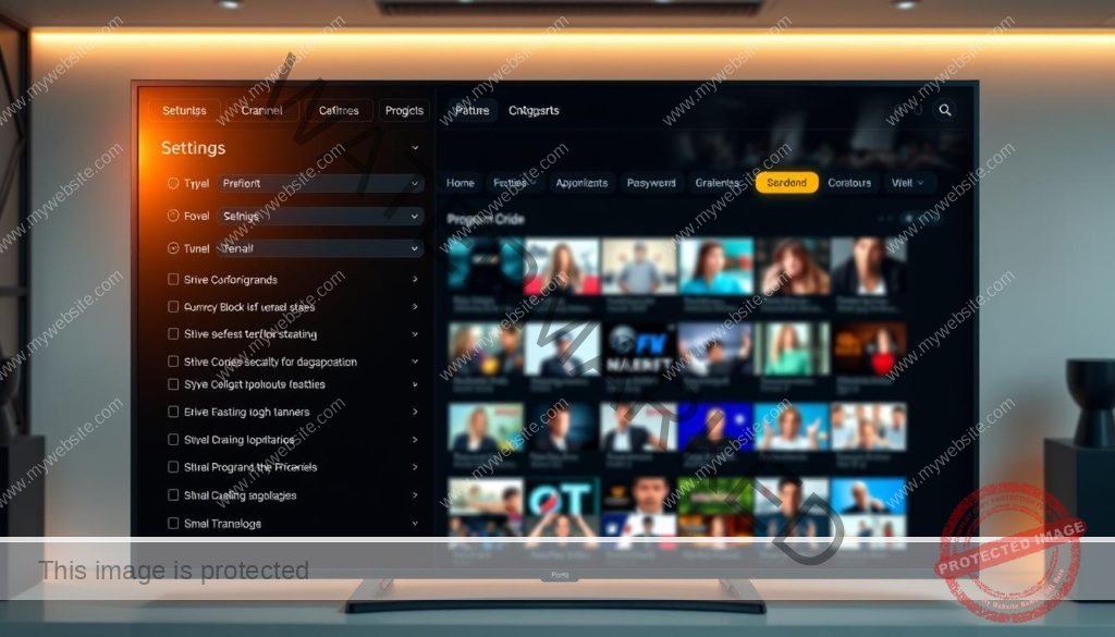 Detailed advanced EPG configurations displayed on a modern, sleek user interface. Prominent settings panel in the foreground showcasing granular customization options, warm lighting highlighting the intricacies. In the middle ground, a dynamic program grid with vivid channel icons and previews. The background subtly blurred, emphasizing the focus on the advanced EPG features. Elegant typography and clean design convey a sense of sophistication and technical depth, reflecting the power and flexibility of the advanced EPG functionalities.