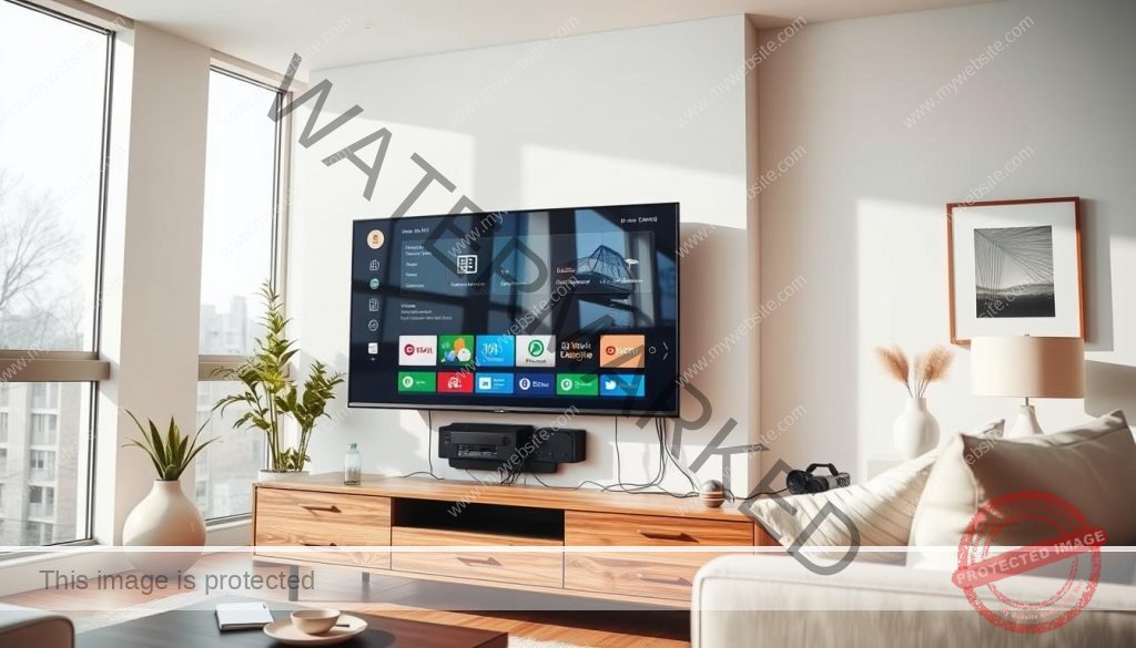 Detailed installation of a smart TV on a modern living room setup. A flatscreen television mounted on a sleek wooden entertainment center, with various cables and wires neatly routed and connected. The room is bright and airy, with large windows letting in natural light. The TV screen displays a user interface, showcasing the smart features and connectivity options. Elegant home decor, such as potted plants and minimalist artwork, complement the overall aesthetic. The scene conveys a sense of technological integration and seamless home entertainment.
