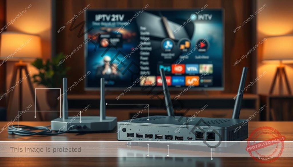 Detailed schematic diagram of an Android IPTV device setup. In the foreground, a sleek, modern Android TV box with various ports and connectors. In the middle ground, a wireless router and network cables, depicting the internet connectivity. In the background, a large smart TV displaying the IPTV interface, showcasing the device's integration. The scene is lit by warm, ambient lighting, creating a cozy and tech-savvy atmosphere. The composition emphasizes the interconnectivity and seamless integration of the Android IPTV system, reflecting the preparatory steps for a successful IPTV upload.