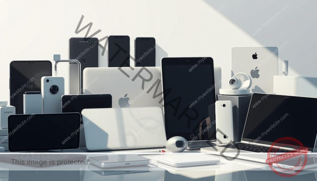 Detailed technical illustration of a variety of modern digital devices and gadgets, arranged in a harmonious, visually-appealing composition. Sleek smartphones, tablets, laptops, and other electronics in shades of silver, black, and white, showcasing their compatibility and seamless integration. Soft, natural lighting from the side casts gentle shadows, highlighting the clean lines and premium materials. The devices are positioned at various angles, creating a sense of depth and dynamism. The overall mood is one of sophistication, connectivity, and technological prowess.