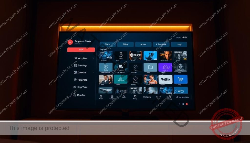 Prompt A sleek and modern graphical user interface with a customizable layout and navigation panel. The screen displays a comprehensive programming guide, showcasing various options and settings for personalization. Warm lighting casts a soft glow, creating a comfortable and inviting atmosphere. The interface features clean lines, minimalist icons, and a responsive design, optimized for easy browsing and content discovery. The overall aesthetic blends simplicity and functionality, catering to the needs of a tech-savvy IPTV user seeking to enhance their viewing experience.