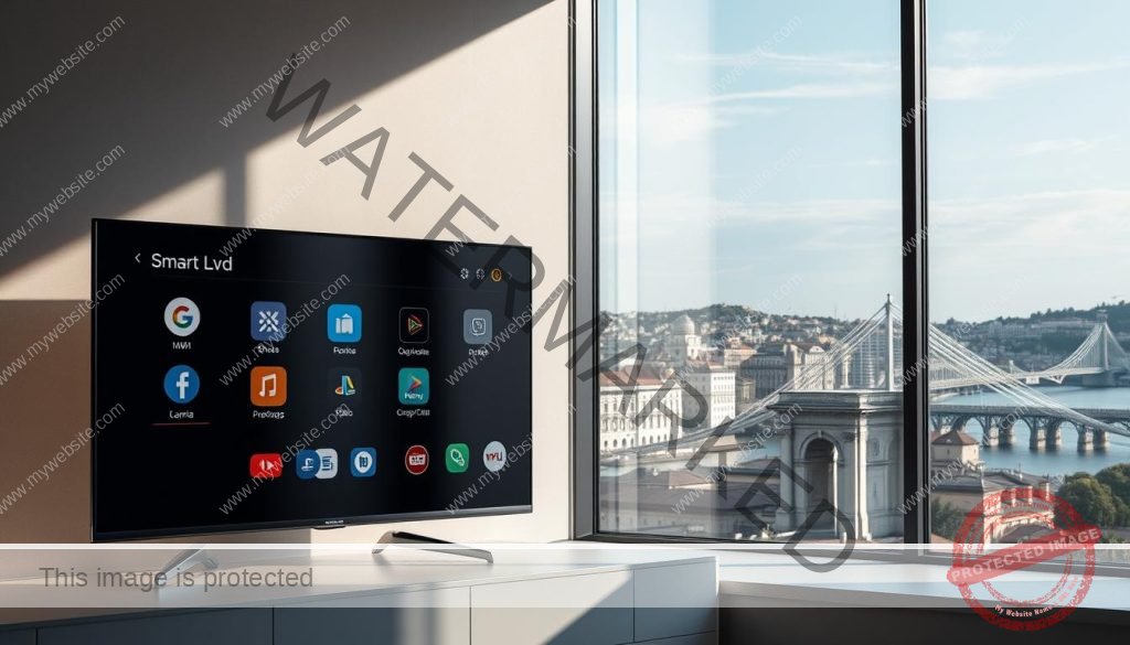 Serviços de televisão licenciados em Portugal, em um cenário sofisticado e moderno. Um primeiro plano de uma tela de smart TV mostra uma interface intuitiva e clean, com ícones e menus bem organizados. No plano de fundo, uma janela com uma bela vista da cidade de Lisboa, com edifícios históricos e uma ponte majestosa. A iluminação é suave e natural, refletindo a qualidade e confiabilidade dos serviços de IPTV legais. A composição sugere elegância, tecnologia avançada e a tranquilidade de estar desfrutando de conteúdo de TV de forma segura e autorizada.